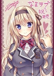 Rule 34 | 1girl, arm up, black ribbon, blue eyes, blush, bow, bowtie, breasts, buttons, closed mouth, collared shirt, double-breasted, dress, dress shirt, emblem, hair intakes, hair ribbon, hairband, heart, large breasts, long hair, long sleeves, military, military uniform, nama love, pillarboxed, red bow, red bowtie, ribbon, shirt, smile, solo, sorai shin&#039;ya, striped bow, striped bowtie, striped clothes, striped neckwear, translation request, uniform, upper body, wavy hair, white dress, wing collar
