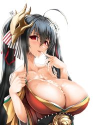 Rule 34 | 1girl, ahoge, akatsuki akane, azur lane, bare shoulders, black hair, blush, breasts, cleavage, clothes tug, collarbone, cum, cum on body, cum on breasts, cum on upper body, facial, hair between eyes, hair ornament, hair ribbon, highres, huge breasts, japanese clothes, large breasts, licking, licking finger, long hair, looking at viewer, obi, off shoulder, open mouth, red eyes, ribbon, sash, sidelocks, signature, simple background, skindentation, smile, solo, sweat, taihou (azur lane), twintails, upper body, very long hair, white background