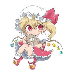 Rule 34 | 1girl, artist request, blonde hair, bloomers, blush stickers, bow, fang, fang out, flandre scarlet, frilled skirt, frills, hat, highres, hugging doll, hugging object, mob cap, puffy short sleeves, puffy sleeves, red bow, red eyes, red footwear, red skirt, red vest, shirt, shoes, short hair, short sleeves, side ponytail, simple background, skirt, solo, touhou, underwear, vest, white background, white shirt, wings, yellow bow