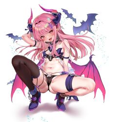 Rule 34 | arm behind head, arm up, ass, bat (animal), bikini, black bikini, blue footwear, boots, boshi (a-ieba), breasts, cameltoe, cleft of venus, commission, demon girl, demon horns, demon wings, fang, gem, hair intakes, hair ornament, hairclip, high heel boots, high heels, highres, horns, naughty face, navel, open mouth, original, pink eyes, pink hair, pointy ears, single thighhigh, skeb commission, small breasts, smile, spread legs, squatting, swimsuit, thigh strap, thighhighs, thighs, tongue, tongue out, wings