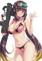 Rule 34 | 1girl, assault rifle, bare shoulders, blush, breasts, brown hair, bullpup, carbine, cleavage, fate/grand order, fate (series), goggles, goggles on head, gun, hammerman benkei, highres, large breasts, long hair, looking at viewer, low twintails, magpul pdr, magpul pdr-c, navel, osakabehime (fate), osakabehime (swimsuit archer) (fate), osakabehime (swimsuit archer) (second ascension) (fate), personal defense weapon, pink scarf, prototype design, purple eyes, rifle, scarf, short-barreled rifle, ski goggles, smile, solo, submachine gun, thighs, twintails, very long hair, weapon