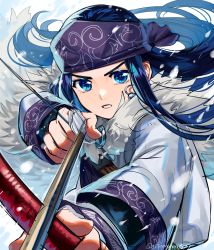 Rule 34 | 1girl, absurdres, ainu, ainu clothes, asirpa, blue eyes, blue hair, bow (weapon), cape, drawing bow, earrings, floating hair, fur cape, golden kamuy, highres, holding, holding bow (weapon), holding weapon, hoop earrings, jewelry, long hair, long sleeves, looking at viewer, ninahachi, purple bandana, solo, very long hair, weapon, white cape, winter, winter clothes