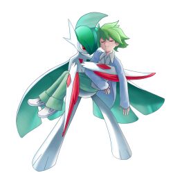 Rule 34 | 1boy, blue cardigan, cardigan, carrying, closed eyes, closed mouth, collared shirt, commentary, creatures (company), ffccll, gallade, game freak, gen 4 pokemon, green hair, green pants, long sleeves, male focus, mega gallade, mega pokemon, nintendo, pants, pokemon, pokemon (creature), pokemon oras, shirt, shoes, short hair, simple background, wally (pokemon), white background, white footwear