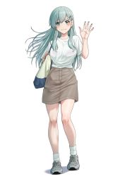 Rule 34 | 1girl, alternate costume, aqua eyes, aqua hair, brown skirt, commentary request, full body, hair ornament, hairclip, highres, kantai collection, long hair, looking at viewer, mikan 29344886, shirt, shoes, simple background, skirt, smile, sneakers, socks, solo, suzuya (kancolle), waving, white background, white shirt, white socks
