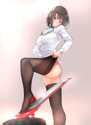 Rule 34 | 10s, 1girl, ass, blush, bottomless, breasts, brown eyes, brown hair, female focus, high heels, highres, kantai collection, large breasts, long sleeves, naked shirt, no jacket, shirt, short hair, solo, takao (kancolle), thighhighs, thighhighs pull, tsukino wagamo