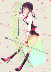 Rule 34 | 1girl, arrow (projectile), black hair, boots, bow (weapon), bracelet, glasses, green eyes, hair rings, jewelry, knee boots, original, petals, sidelocks, skirt, solo, sou (tuhut), weapon