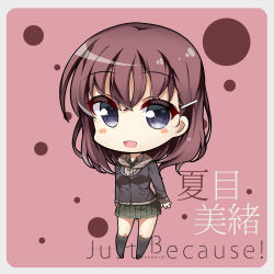 Rule 34 | 1girl, :d, blush stickers, brown hair, character name, chibi, commentary, copyright name, hair between eyes, hair ornament, hairclip, hood, hooded jacket, jacket, jushiliu, just because!, kneehighs, long hair, looking at viewer, multicolored background, natsume mio, necktie, open mouth, pleated skirt, purple eyes, skirt, smile, socks, solo