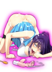 Rule 34 | 1girl, aftersex, ahegao, ass, blue eyes, blush, breast press, breasts, cleavage, clothes lift, cum, cum on ass, cum on body, cum on lower body, dildo, doki doki yandemic, huge breasts, kabushikigaisha real, legs, long hair, no panties, open mouth, ponytail, purple hair, saliva, sex toy, simple background, skirt, skirt lift, solo, sportswear, tennis, tennis uniform, thighs, top-down bottom-up