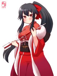 Rule 34 | 1girl, alternate costume, arrow (projectile), black hair, blush, breasts, closed mouth, coat, dated, hair between eyes, highres, japanese clothes, kanon (kurogane knights), kantai collection, kimono, large breasts, long hair, long sleeves, looking at viewer, ponytail, red eyes, red kimono, sidelocks, simple background, solo, white background, winter clothes, winter coat, yahagi (kancolle), yukata
