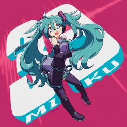 Rule 34 | 1girl, 39, ahoge, aqua eyes, aqua hair, aqua necktie, bare shoulders, black skirt, black sleeves, black thighhighs, boots, character name, commentary, contrapposto, detached sleeves, english commentary, full body, grey shirt, hair ornament, hatsune miku, headphones, headset, highres, holding own arm, john su, long hair, looking at viewer, miniskirt, necktie, open mouth, pink background, pleated skirt, shirt, skirt, sleeveless, sleeveless shirt, sleeves past fingers, sleeves past wrists, smile, solo, thigh boots, thighhighs, twintails, very long hair, vocaloid