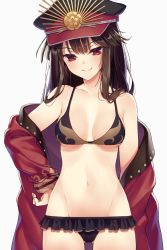Rule 34 | 1girl, bikini, black bikini, black hair, blush, brown eyes, closed mouth, coat, collarbone, cowboy shot, fate/grand order, fate (series), frilled bikini, frills, hand on own hip, hat, highres, kuro futoshi, long hair, looking at viewer, navel, oda nobunaga (fate), oda nobunaga (koha-ace), oda nobunaga (swimsuit berserker) (fate), oda nobunaga (swimsuit berserker) (second ascension) (fate), open clothes, open coat, peaked cap, simple background, smile, solo, swimsuit, white background
