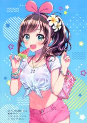 Rule 34 | 1girl, :d, absurdres, bikini, blue eyes, blush, bracelet, breasts, brown hair, collarbone, cowboy shot, crop top, flower, food, front-tie top, hair flower, hair ornament, hairband, halterneck, hands up, highres, holding, holding food, jewelry, kizuna ai, kizuna ai inc., large breasts, long hair, looking at viewer, morikura en, multicolored hair, multicolored nails, nail polish, navel, necklace, open mouth, pink bikini, pink hair, pink shorts, ponytail, popsicle, scan, see-through, shirt, short shorts, short sleeves, shorts, sidelocks, smile, solo, standing, star (symbol), stomach, streaked hair, striped bikini, striped clothes, swimsuit, virtual youtuber, watermelon bar, white flower, white shirt
