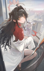 Rule 34 | 1girl, ahoge, bare legs, black hair, blue archive, blush, cc drawing, cityscape, coat, demon horns, demon tail, fang, fang out, hair intakes, halo, highres, horns, kasumi (blue archive), lab coat, long hair, looking at viewer, looking back, red shirt, shirt, sleeves past fingers, sleeves past wrists, smile, solo, tail, very long hair, white coat
