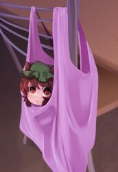 Rule 34 | 1girl, :&lt;, absurdres, animal ears, bag, blush, brown eyes, brown hair, cat ears, chair, chen, closed mouth, commentary, dungeon toaster, english commentary, green hat, hat, highres, in bag, in container, looking at viewer, mob cap, short hair, solo, touhou
