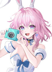 Rule 34 | 1girl, :d, absurdres, animal ears, bare shoulders, blue eyes, blue nails, blush, breasts, camera, cleavage, collarbone, crossed bangs, detached sleeves, dress, fake animal ears, hair between eyes, hasom, highres, holding, holding camera, honkai: star rail, honkai (series), large breasts, looking at viewer, lower teeth only, march 7th (honkai: star rail), medium hair, nail polish, open mouth, pink hair, pink nails, purple eyes, rabbit ears, short sleeves, simple background, smile, solo, strapless, strapless dress, teeth, two-tone eyes, upper body, white background, white dress, white sleeves