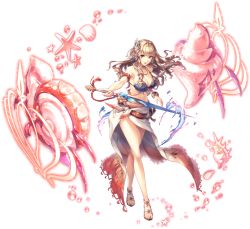 Rule 34 | 1girl, arm strap, bikini, bikini top only, blonde hair, breasts, cleavage, feet, floating hair, full body, hair ornament, highres, holding, holding sword, holding weapon, large breasts, legs, long hair, looking at viewer, open mouth, red eyes, sandals, sarong, serious, shell, solo, standing, swimsuit, sword, thighs, toes, transparent background, unitia, weapon