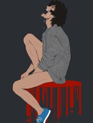 Rule 34 | 1boy, black background, black hair, crying, devilman, devilman crybaby, eyebrows, fudou akira, male focus, navel, open mouth, shirt, shoes, short hair, simple background, solo, tears