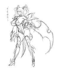 Rule 34 | 1girl, alternate costume, aoi nagisa (metalder), bare shoulders, boots, breasts, concept art, cosplay, curvy, demon girl, demon girl (cosplay), fake wings, gloves, halloween costume, highleg, highleg leotard, huge breasts, leotard, lilith-soft, monochrome, official alternate costume, onizaki kirara, open mouth, shiny skin, sketch, smile, solo, taimanin (series), taimanin rpgx, thighs, thong leotard, translation request, twintails, white background, wide hips, wings