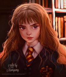 Rule 34 | 1girl, artist name, blunt bangs, blurry, blurry background, book, bookshelf, brown eyes, brown hair, closed mouth, collared shirt, emblem, frown, gryffindor, harry potter (series), hermione granger, hogwarts school uniform, long hair, looking at viewer, necktie, numyumy, portrait, realistic, red lips, school uniform, shirt, solo, striped necktie, striped neckwear, thick eyebrows, upper body, watermark, wavy hair, web address, white shirt, wing collar, wizarding world