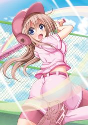 Rule 34 | 1girl, ass, blue eyes, breasts, brown hair, female focus, hat, highres, isumi (i-spixi), long hair, rainbow, sky, solo, playing sports, uniform