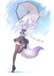 Rule 34 | 1girl, :d, absurdres, animal ears, antenna hair, black footwear, black skirt, black thighhighs, extra ears, floating hair, highres, holding, holding umbrella, kirby d a, leg up, long hair, looking at viewer, open mouth, original, pleated skirt, purple hair, shirt, simple background, skirt, smile, standing, standing on one leg, tail, teeth, thighhighs, umbrella, upper teeth only, white shirt, yellow eyes