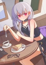 Rule 34 | 1girl, bare shoulders, baseball cap, black camisole, black hat, black shorts, blush, breasts, camisole, chair, cheesecake, choker, coffee, collarbone, cup, earrings, fate/grand order, fate (series), food, fork, glasses, hair ribbon, hat, heroic spirit tour outfit, hibun tsukasa, highres, jewelry, kama (fate), kama (tour outfit) (fate), long hair, looking at viewer, low twintails, medium breasts, midriff, plate, red eyes, ribbon, shorts, silver hair, sitting, smile, solo, spoon, stud earrings, table, teacup, thighs, twintails, unworn eyewear, unworn hat, unworn headwear
