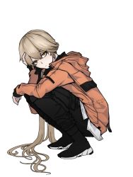 Rule 34 | 1girl, alpello1901, black footwear, black pants, black shirt, blonde hair, closed mouth, girls&#039; frontline, hand on own head, jacket, long hair, looking at viewer, orange eyes, ots-14 (girls&#039; frontline), pants, red jacket, shirt, sitting, solo, transparent background, white background