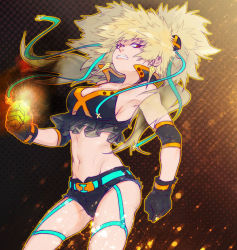 Rule 34 | 10s, 1girl, armpits, bad id, bad pixiv id, bakugou katsuki, belt, black gloves, black shorts, blonde hair, boku no hero academia, breasts, changye, clenched hands, clenched teeth, cowboy shot, crop top, cross, earrings, elbow pads, garter straps, genderswap, genderswap (mtf), gloves, glowing, glowing hand, groin, high collar, jewelry, knee pads, large breasts, lens flare, long hair, looking at viewer, midriff, motion blur, navel, orange ribbon, outline, ponytail, red eyes, ribbon, ribbon-trimmed gloves, ribbon trim, shorts, sleeveless, solo, stomach, teeth