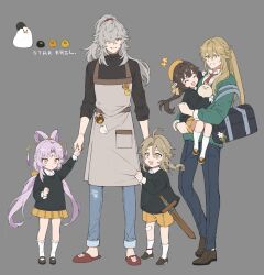 Rule 34 | 2girls, 3boys, absurdres, aged down, ahoge, alternate costume, animal print, apron, arm up, bag, bandaid, bandaid on knee, bandaid on leg, beret, black bag, black sweater, blonde hair, blue pants, bow, bow-shaped hair, brown eyes, brown footwear, brown hair, carrying, carrying person, child, clenched hand, closed eyes, closed mouth, collared shirt, copyright name, crossed bangs, denim, eyeshadow, forehead jewel, fu xuan (honkai: star rail), full body, gem, green eyes, green sweater, grey apron, grey background, hair bow, hair ornament, hair over one eye, hair ribbon, hand up, hands up, hat, highres, holding, holding hands, honkai: star rail, honkai (series), jing yuan, light brown hair, long hair, long sleeves, looking at another, looking at viewer, looking down, looking up, low twintails, luocha (honkai: star rail), makeup, miniskirt, mole, mole under eye, mouse print, multiple boys, multiple girls, necktie, open mouth, orange headwear, pants, papajay (jennygin2), parted bangs, pleated skirt, pocket, ponytail, puffy long sleeves, puffy sleeves, purple gemstone, purple hair, red eyeshadow, red footwear, red necktie, ribbon, shirt, shoes, shorts, sidelocks, simple background, sitting, skirt, slippers, smile, socks, standing, sushang (honkai: star rail), sweat, sweatdrop, sweater, sword, tassel, teeth, tongue, turtleneck, turtleneck sweater, twintails, v-shaped eyebrows, weapon, white shirt, white socks, wooden sword, yanqing (honkai: star rail), yellow bow, yellow eyes, yellow ribbon, yellow shorts, yellow skirt