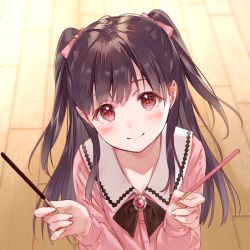 Rule 34 | 1girl, black bow, blush, bow, bowtie, brown hair, cardigan, collarbone, fukahire (ruinon), hair bow, head tilt, holding, long hair, looking at viewer, original, pink bow, pink cardigan, pocky day, red eyes, sailor collar, smile, solo, twintails, two side up, upper body, white sailor collar, wooden floor