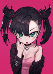 Rule 34 | 1girl, akanbe, black jacket, black nails, creatures (company), eyelid pull, game freak, highres, jacket, looking at viewer, marnie (pokemon), nail polish, nintendo, pink background, pokemon, pokemon swsh, roll out road, self-upload, simple background, solo, tongue, tongue out
