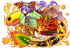 Rule 34 | 1girl, autumn leaves, blue hair, dragon egg, fire, fire, hair ornament, hair stick, highres, horns, japanese clothes, kimono, leaf, leaf print, long hair, looking at viewer, maple leaf, mito amatsu, oni horns, pointy ears, red eyes, salamander, solo, very long hair, wide sleeves