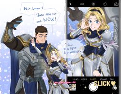 Rule 34 | 1boy, 1girl, armor, artist name, black bodysuit, black gloves, black hair, blonde hair, blue eyes, bodysuit, breastplate, brother and sister, closed mouth, english text, fake phone screenshot, fake screenshot, garen (league of legends), gloves, heart, heart hands, highres, league of legends, long hair, looking at another, lux (league of legends), mag cora imparo, muscular, muscular male, pauldrons, selfie, short hair, shoulder armor, siblings, smile, sylas (league of legends), teeth