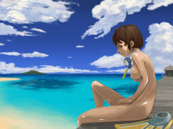 Rule 34 | 1girl, absurdres, beach, breasts, brown eyes, brown hair, female focus, flippers, goggles, goggles around neck, highres, kujiramochi, nude, ocean, original, outdoors, shiny skin, short hair, solo, wet, zenra