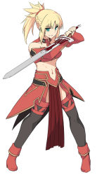 Rule 34 | 1girl, armor, black thighhighs, blonde hair, boots, bra, choker, clarent (fate), detached sleeves, fate/apocrypha, fate (series), faulds, full body, green eyes, grin, high ponytail, holding, holding sword, holding weapon, long hair, long sleeves, midriff, mordred (fate), mordred (fate/apocrypha), navel, pelvic curtain, red bra, red footwear, red sleeves, shiseki hirame, sidelocks, simple background, smile, solo, stance, standing, stomach, strapless, strapless bra, sword, thighhighs, underwear, v-shaped eyebrows, weapon, white background