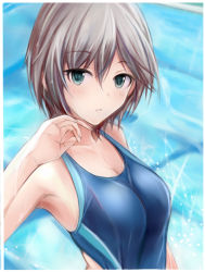 Rule 34 | 1girl, anastasia (idolmaster), arm up, armpits, blue eyes, blush, breasts, cleavage, grey hair, hair between eyes, idolmaster, idolmaster cinderella girls, looking at viewer, medium breasts, nannacy7, one-piece swimsuit, outdoors, parted lips, pool, solo, swimsuit, upper body, water, wet, wet clothes, wet hair, wet swimsuit