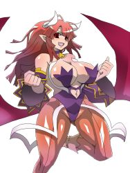 Rule 34 | 1girl, bare shoulders, bat wings, blush, breasts, cleavage, clothing cutout, collar, curvy, demon girl, demon horns, detached sleeves, disgaea, fangs, female focus, heart cutout, highleg, horns, huge breasts, kuma (kumakuma5), kumakuma, la pucelle, large breasts, long hair, maou prier, navel, navel cutout, nippon ichi, open mouth, pantyhose, pointy ears, prier, red eyes, red hair, revealing clothes, simple background, solo, white background, wide hips, wings