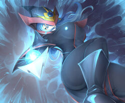 Rule 34 | 1girl, artist name, ass, aura, black dress, black hat, black pants, blue eyes, blue hair, breasts, check commentary, commentary request, dated, dress, duel monster, energy, hair over one eye, hat, holding, holding staff, incoming attack, k.nock, large breasts, looking at viewer, magic, official alternate color, pants, silent magician, solo, staff, witch, witch hat, yu-gi-oh!, yu-gi-oh! duel monsters