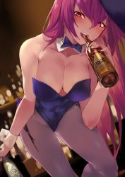 Rule 34 | 1girl, :d, animal ears, bar (place), bare shoulders, blue bow, blue bowtie, blue leotard, blush, bottle, bow, bowtie, breasts, cleavage, collarbone, detached collar, dutch angle, eyes visible through hair, fake animal ears, fate/grand order, fate (series), female focus, from below, grey pantyhose, hair between eyes, hand up, holding, holding bottle, indoors, large breasts, leaning, leaning forward, legs, leotard, long hair, looking at viewer, looking down, mouth hold, official alternate costume, ohland, open mouth, pantyhose, playboy bunny, purple hair, rabbit ears, rabbit girl, red eyes, round teeth, scathach (fate), scathach (piercing bunny) (fate), smile, solo, standing, strapless, strapless leotard, teeth, thighs, type-moon, upper teeth only, wine bottle, wrist cuffs