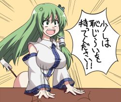 Rule 34 | 1girl, anal, anal object insertion, anger vein, angry, bottomless, breasts, detached sleeves, emphasis lines, female focus, frog, gohei, green eyes, green hair, hair ornament, kochiya sanae, large breasts, long hair, matching hair/eyes, object insertion, oonusa, open mouth, solo, super masara, teeth, text focus, touhou, translation request