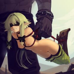 Rule 34 | 1girl, absurdres, angry, bdsm, blindfold, bondage, boots, bound, bow, breasts, brown bow, brown footwear, cad (caddo), carrying, carrying person, collarbone, commission, elf, full body, goblin, goblin slayer!, green eyes, green hair, hair between eyes, hair bow, hair intakes, high elf archer (goblin slayer!), high heels, highres, hogtie, knee boots, long hair, nipples, nude, pointy ears, pussy, restrained, second-party source, shibari, sidelocks, small breasts, solo focus, thighhighs