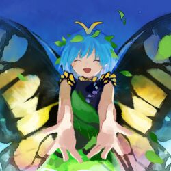 Rule 34 | 1girl, antennae, aqua hair, butterfly wings, dress, eternity larva, facing viewer, fairy, foreshortening, green dress, hair between eyes, insect wings, kaigen 1025, leaf, leaf on head, multicolored clothes, multicolored dress, open mouth, short hair, short sleeves, smile, solo, touhou, wings