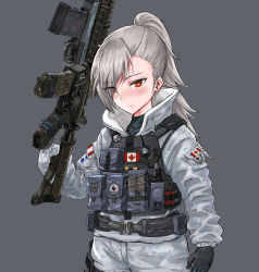 Rule 34 | 1girl, belt, buck (rainbow six siege), camouflage, canadian flag, closers, cosplay, crossover, digital camouflage, eyes visible through hair, frost (rainbow six siege), gloves, grey background, gun, hair over one eye, highres, jacket, load bearing vest, military operator, ponytail, pouch, rainbow six siege, red eyes, silver hair, simple background, solo, ssamjang (misosan), tactical clothes, tina (closers), trigger discipline, upper body, weapon, weapon request