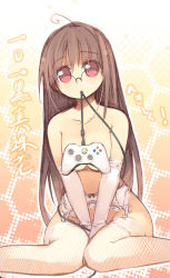 Rule 34 | 1girl, ahoge, arima senne, breasts, censored, convenient censoring, elbow gloves, fishnets, game console, garter belt, glasses, gloves, kashiwamochi yomogi, lingerie, mouth hold, censored nipples, no panties, original, small breasts, solo, thighhighs, underwear, xbox, xbox360, xbox 360