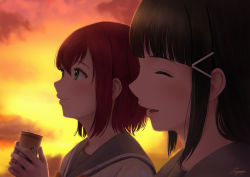 Rule 34 | 2girls, :d, ^ ^, backlighting, bad id, bad pixiv id, black hair, blunt bangs, blush, can, closed eyes, closed mouth, commentary request, drink can, evening, green eyes, grey sailor collar, hair between eyes, holding, kurosawa dia, kurosawa ruby, lips, long hair, looking away, love live!, love live! sunshine!!, multiple girls, open mouth, orange sky, papi (papiron100), portrait, red hair, sailor collar, school uniform, short hair, siblings, sidelocks, signature, sisters, sky, smile, soda can, twintails, upper body, uranohoshi school uniform