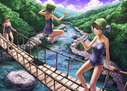 Rule 34 | 6+girls, arm support, bad id, bad pixiv id, bare legs, bare shoulders, barefoot, blue eyes, blue hair, bridge, brown hair, can, dark haired kappa, drink can, female focus, forest, glasses, glasses kappa, hair bobbles, hair ornament, hanging bridge, holding, jumping, kappa mob (touhou), kawashiro nitori, kurione (zassou), lying, multiple girls, nature, one-piece swimsuit, outstretched arms, pocari sweat, ponytail, product placement, river, scenery, school swimsuit, short hair, soda can, swimsuit, tent, touhou, twintails, two side up, water