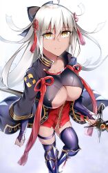 Rule 34 | 1girl, absurdres, ahoge, arm guards, armored boots, black bow, black coat, black dress, black thighhighs, boots, bow, breasts, cleavage, cleavage cutout, clothing cutout, coat, dark-skinned female, dark skin, dress, fate/grand order, fate (series), grey eyes, hair bow, half updo, highres, katana, koha-ace, large breasts, len (hand linke), long hair, long sleeves, looking at viewer, okita souji (fate), okita souji alter (fate), okita souji alter (second ascension) (fate), open clothes, open coat, red dress, solo, sword, tassel, thighhighs, thighs, two-tone dress, very long hair, weapon, white hair