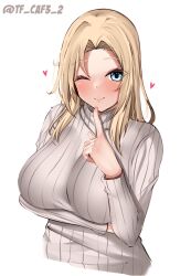 Rule 34 | 1girl, arm under breasts, blonde hair, breasts, closed mouth, heart, highres, hornet (kancolle), kantai collection, large breasts, long hair, long sleeves, looking at viewer, one eye closed, pantyhose, ribbed sweater, simple background, solo, sweater, tf cafe, turtleneck, turtleneck sweater, twitter username, upper body, white background