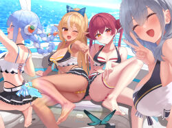 Rule 34 | 4girls, :d, animal ears, arm support, ass, barefoot, bikini, bikini skirt, blonde hair, blue bow, blue hair, blush, bow, braid, breasts, bug, butterfly, carrot hair ornament, cleavage, closed eyes, commentary request, dark-skinned female, dark skin, feet, food-themed hair ornament, foot out of frame, from side, grey hair, hair between eyes, hair bow, hair ornament, hair ribbon, heterochromia, highleg, highleg bikini, hololive, hololive fantasy, hololive summer 2023 swimsuit, houshou marine, huge breasts, insect, knee up, large breasts, leaning back, legs, looking at viewer, mao (mawodec), medium breasts, multicolored clothes, multicolored hair, multicolored swimsuit, multiple girls, navel, ocean, one eye closed, open mouth, orange eyes, outdoors, parted bangs, pleated skirt, pointy ears, rabbit ears, red eyes, red hair, ribbon, shiranui flare, shirogane noel, sidelocks, sitting, skirt, smile, soles, streaked hair, swimsuit, thigh strap, thighs, toenails, toes, twin braids, upper body, usada pekora, v, virtual youtuber, white hair