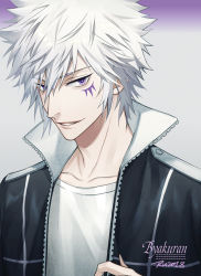 Rule 34 | 1boy, byakuran, character name, collar, collarbone, facial mark, grey background, high collar, katekyo hitman reborn!, looking at viewer, male focus, multicolored background, open clothes, open mouth, purple background, purple eyes, ru (famia), shirt, short hair, simple background, smile, solo, spiked hair, t-shirt, uniform, upper body, white hair, white shirt